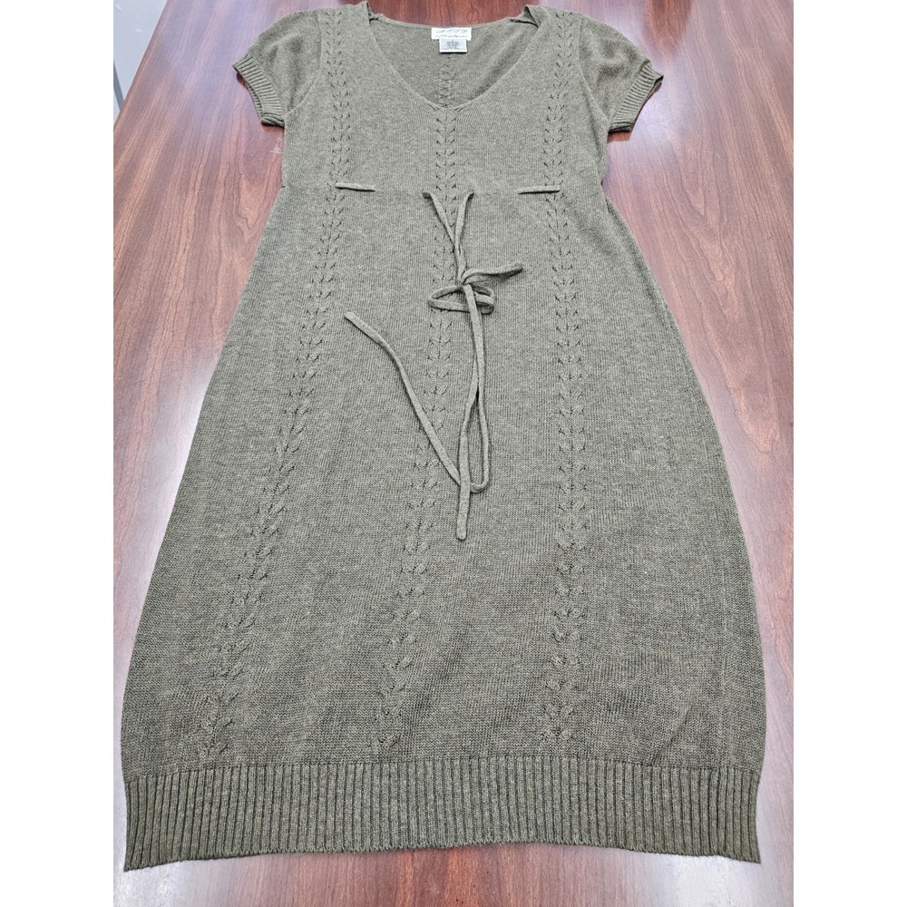 MSSP Womens Olive Green Sweater Dress Small V Neck Tie Waist Knit Casual